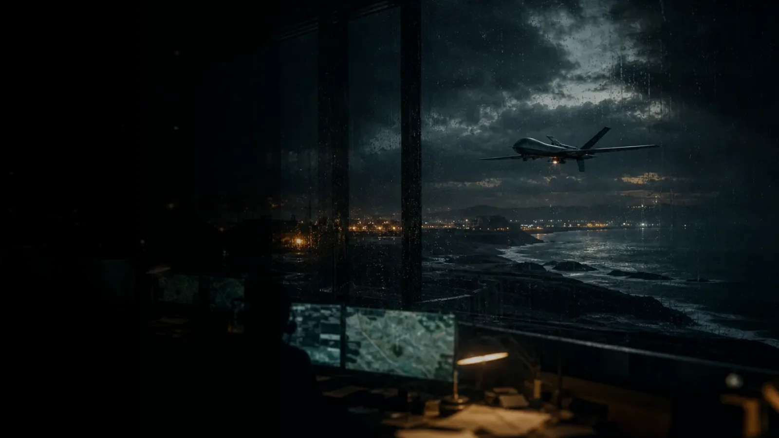 Drone subtopic background showing military-style uncrewed surveillance drone over a storm-lit coastal operations board