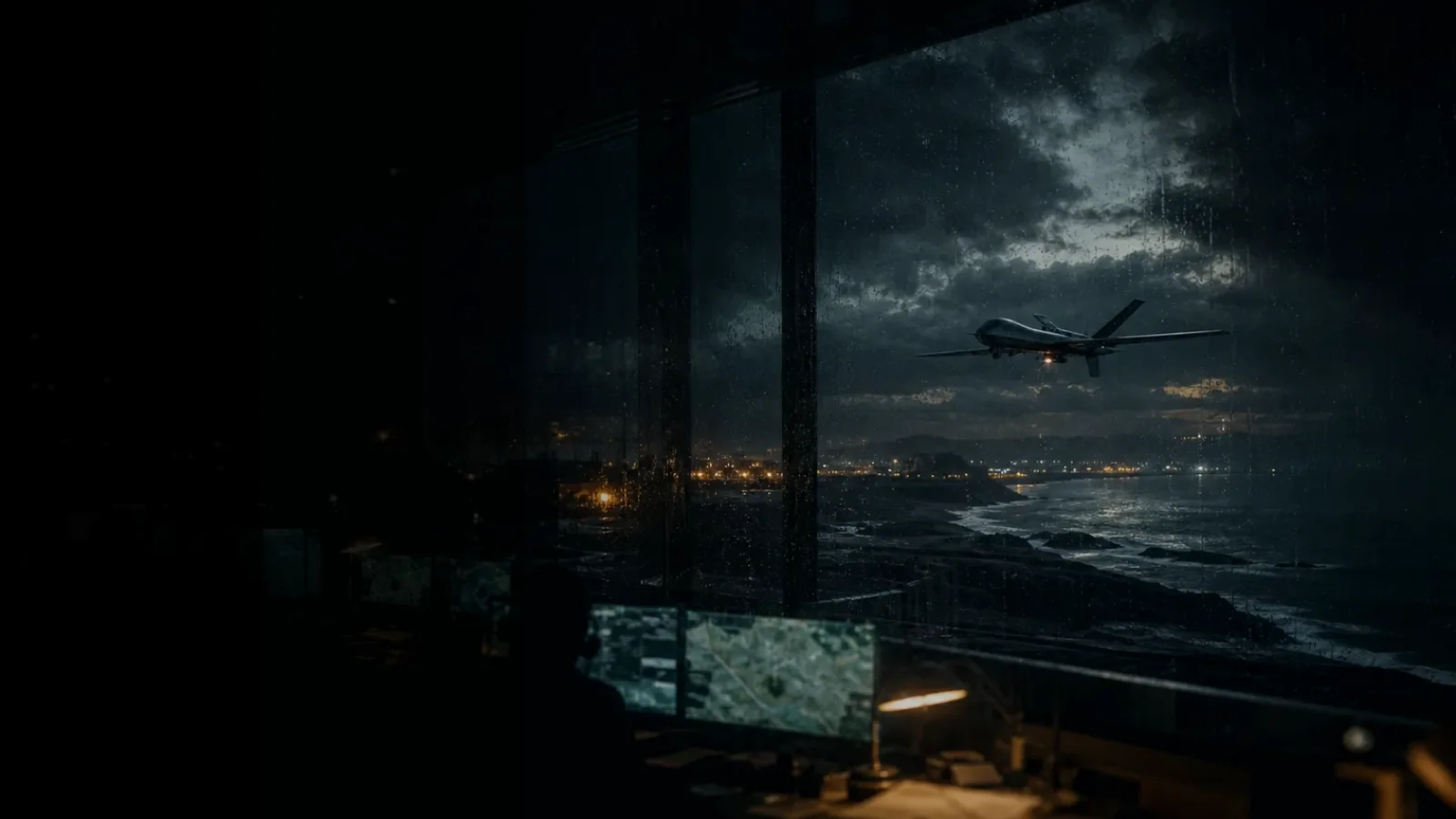 Drone Surveillance subtopic background showing military-style uncrewed surveillance drone over a storm-lit coastal operations board