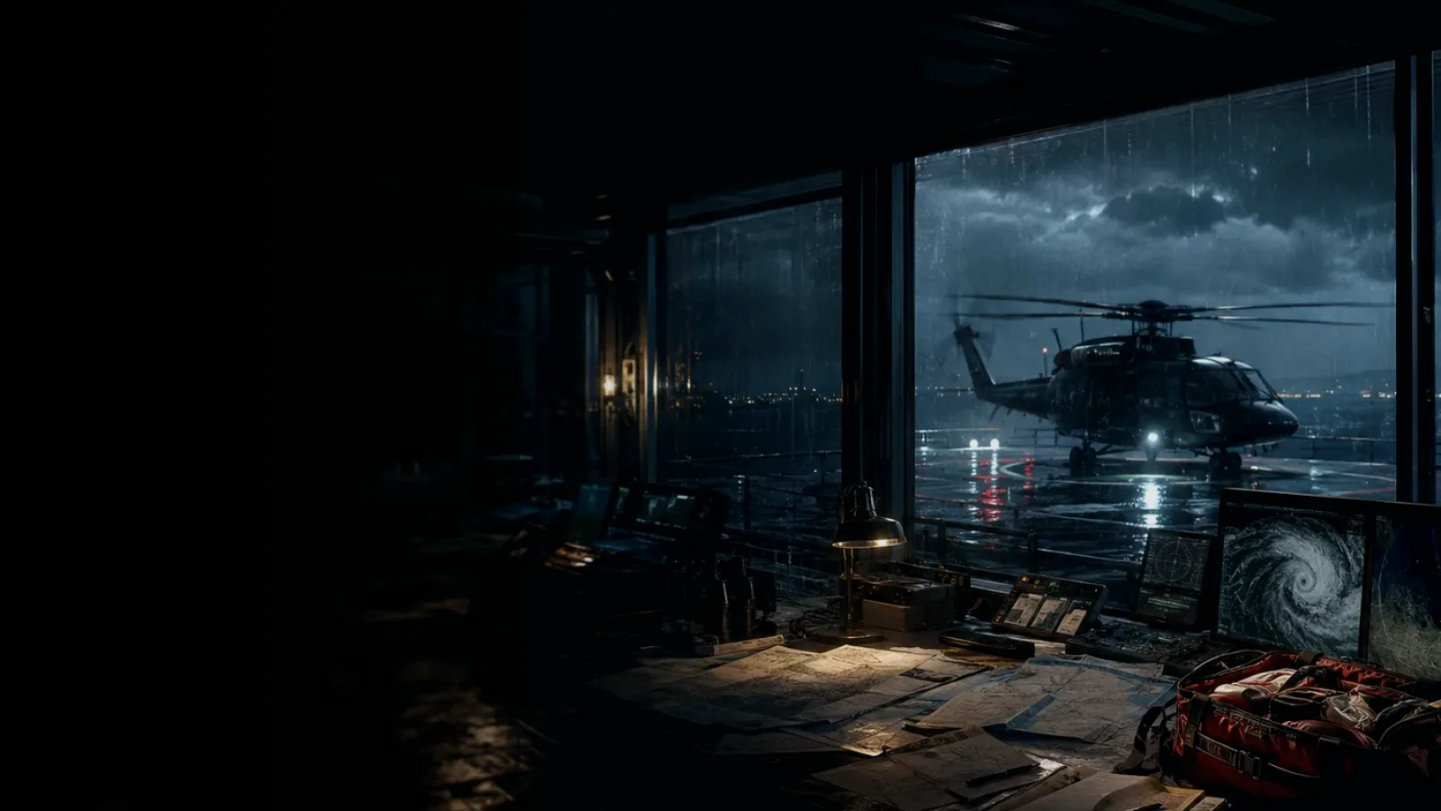 Helicopter subtopic background showing rescue helicopter silhouette over a night operations room and coastal weather