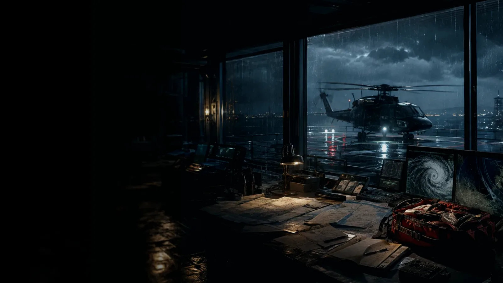 Helicopter Medical Evacuation subtopic background showing rescue helicopter silhouette over a night operations room and coastal weather
