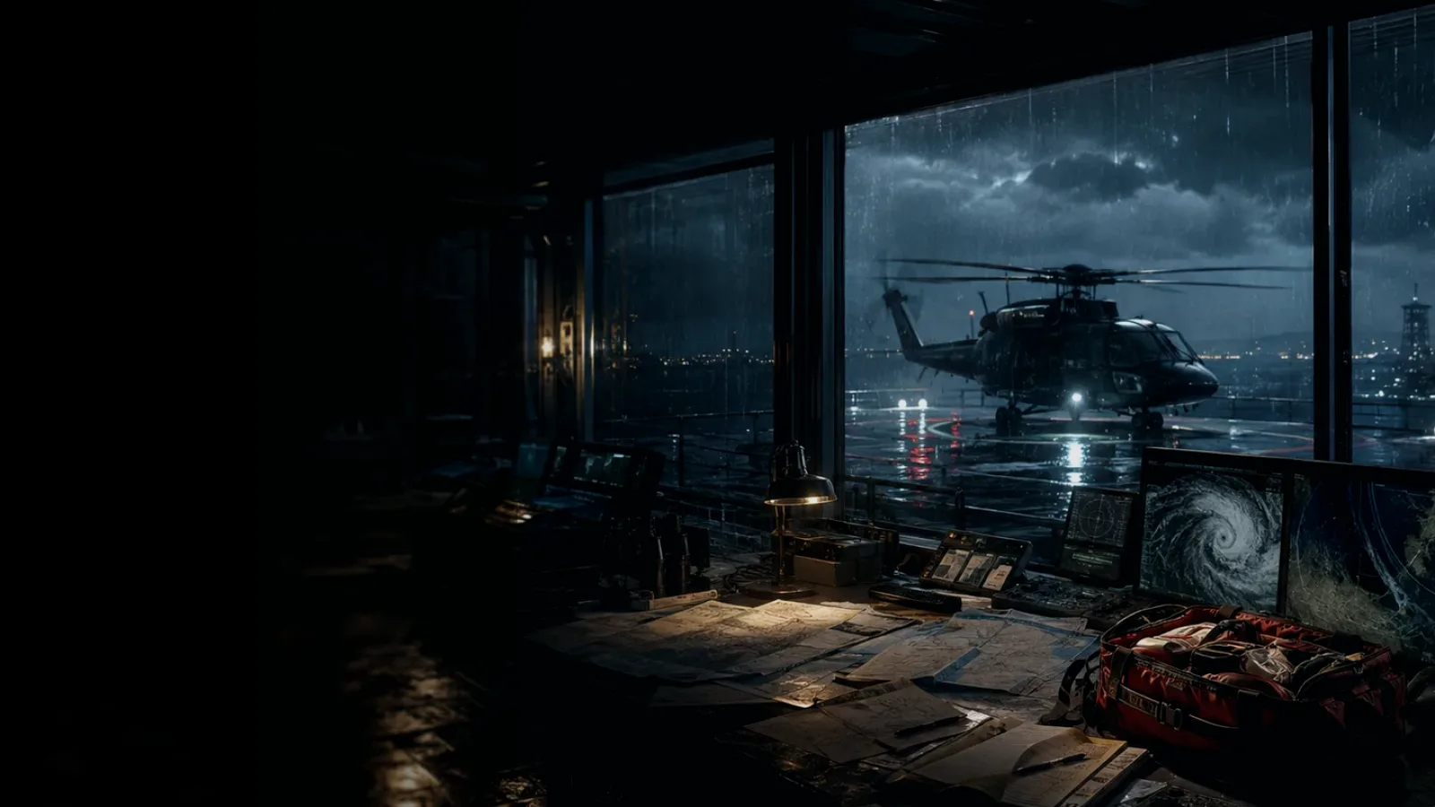 Rescue Helicopter subtopic background showing rescue helicopter silhouette over a night operations room and coastal weather
