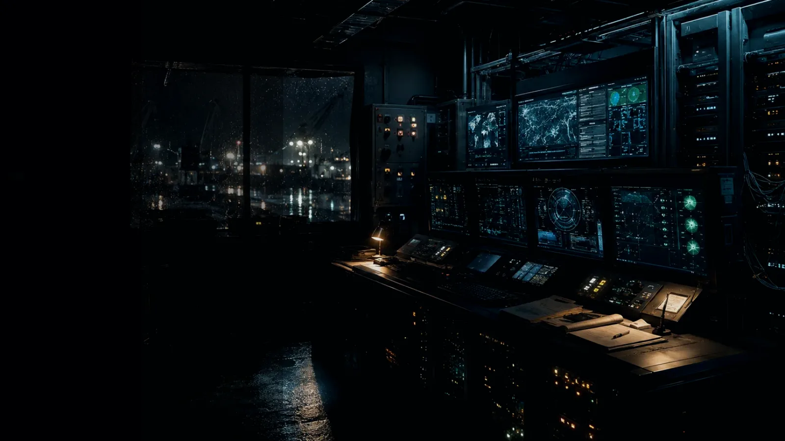 Firewall subtopic background showing industrial control room, server racks, network evidence and cyber-physical risk