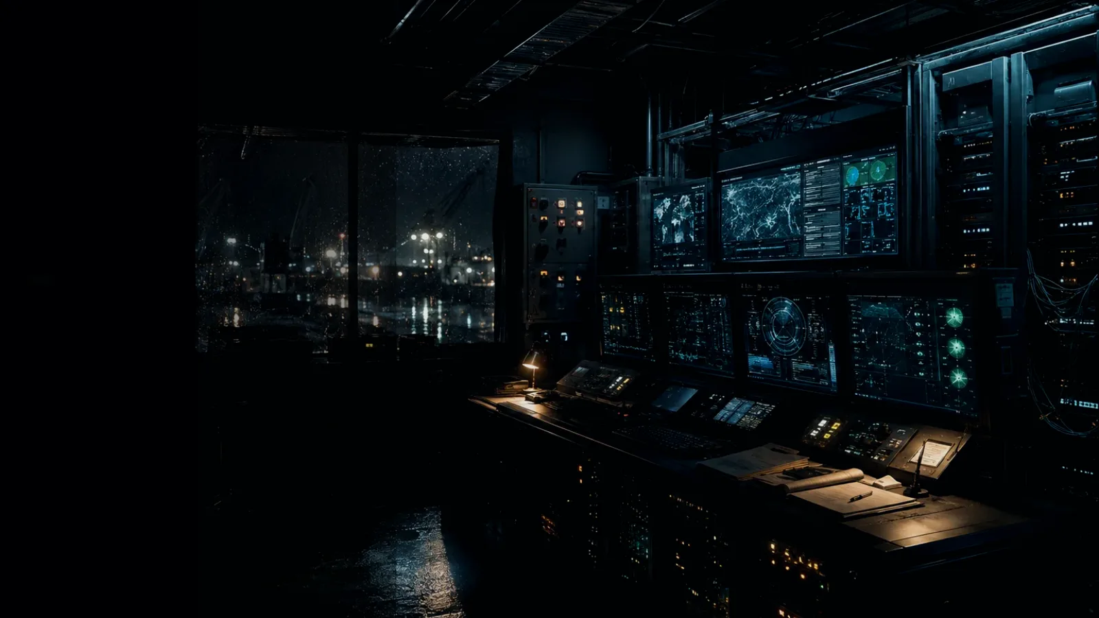 Implanted Hardware subtopic background showing industrial control room, server racks, network evidence and cyber-physical risk