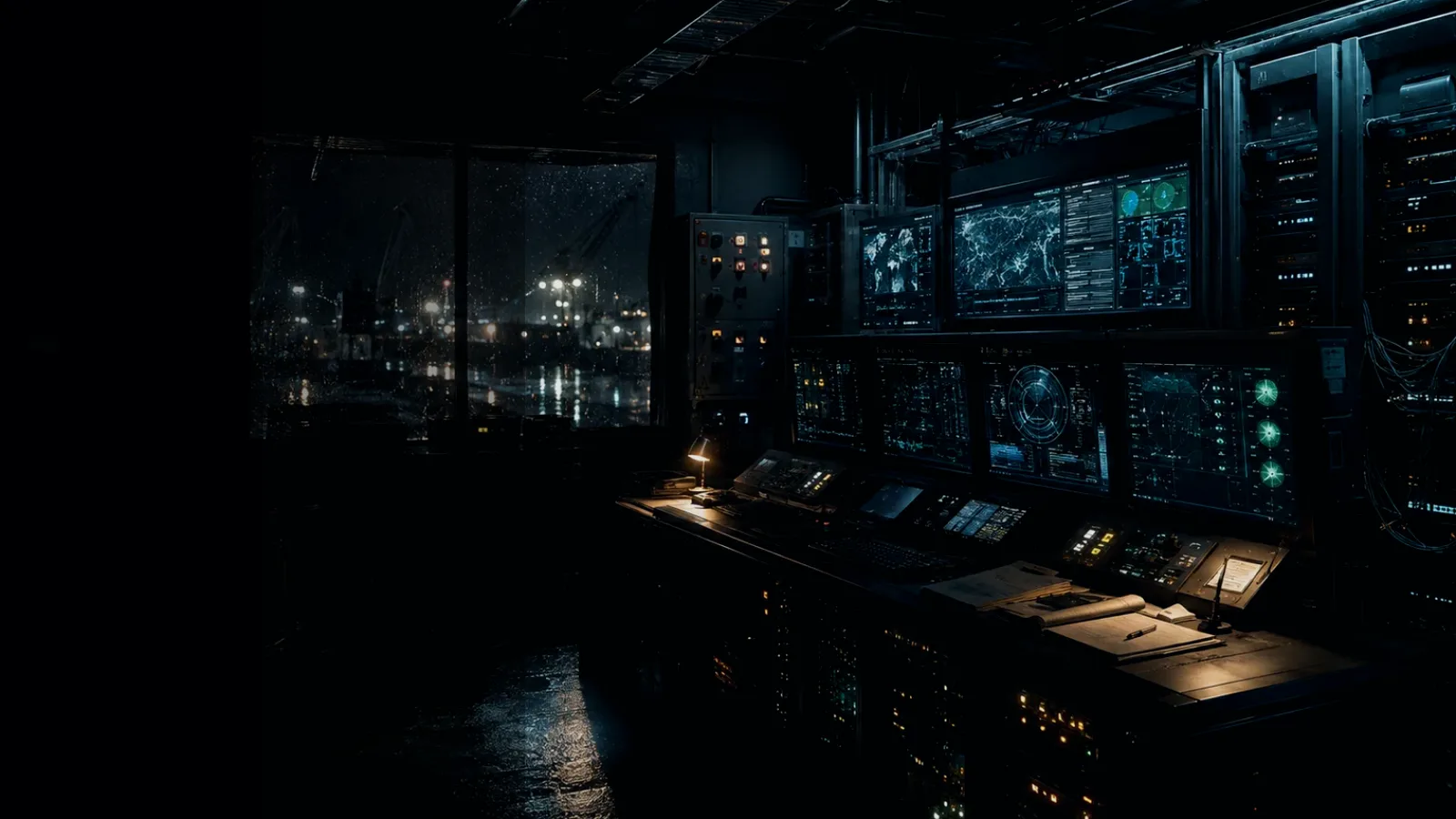 Maritime Cyberattack subtopic background showing industrial control room, server racks, network evidence and cyber-physical risk