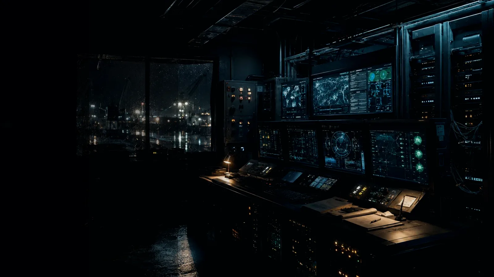 Network Handshake subtopic background showing industrial control room, server racks, network evidence and cyber-physical risk