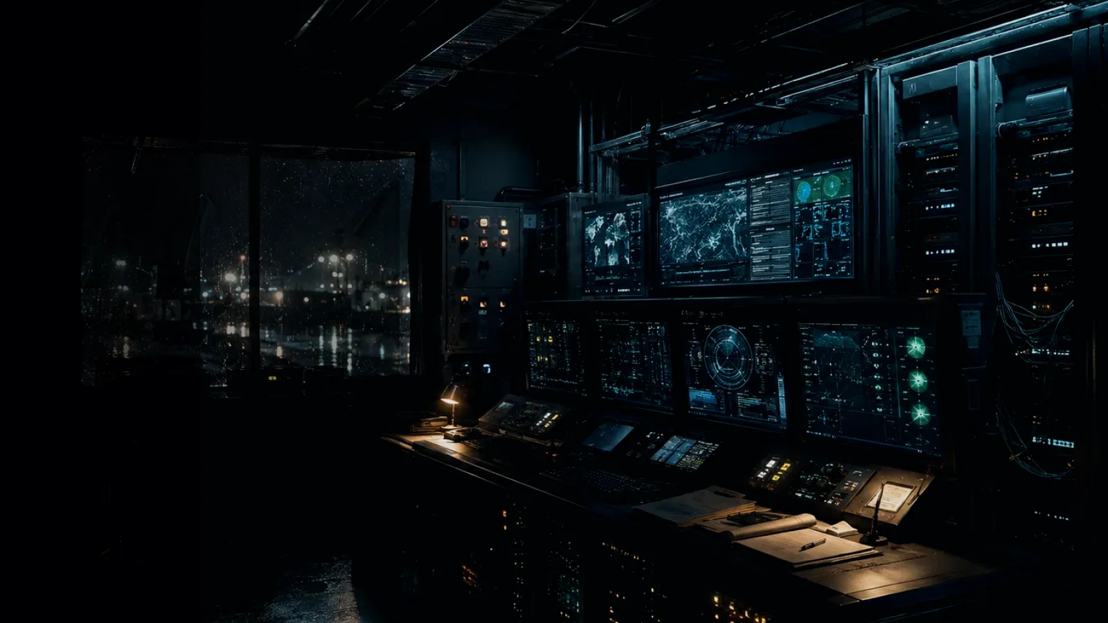Satellite Navigation Spoofing subtopic background showing industrial control room, server racks, network evidence and cyber-physical risk