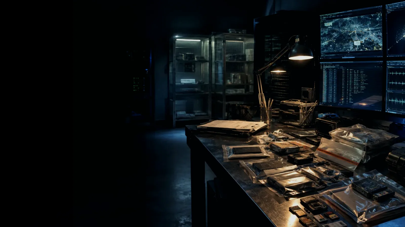 Audit Log subtopic background showing sealed evidence locker, forensic workstation and chain-of-custody documents