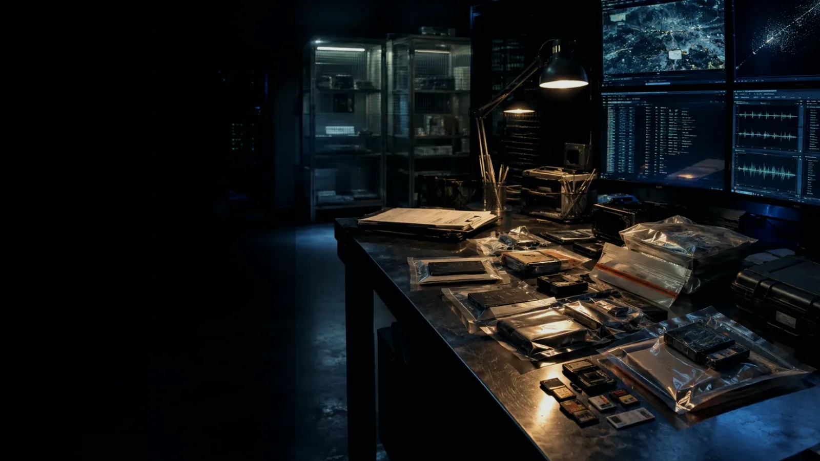 Checksum subtopic background showing sealed evidence locker, forensic workstation and chain-of-custody documents