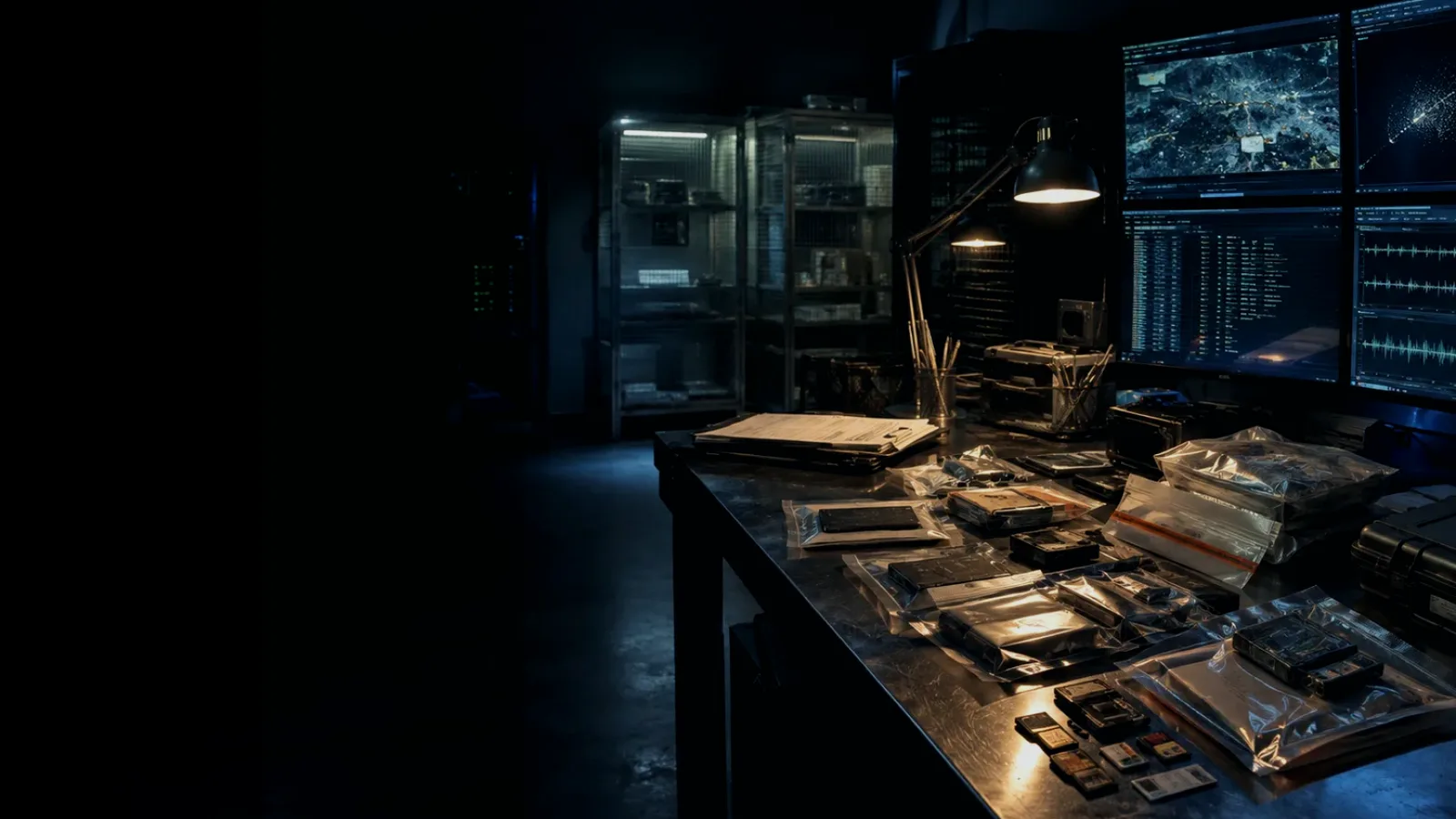 Court Timestamp subtopic background showing sealed evidence locker, forensic workstation and chain-of-custody documents