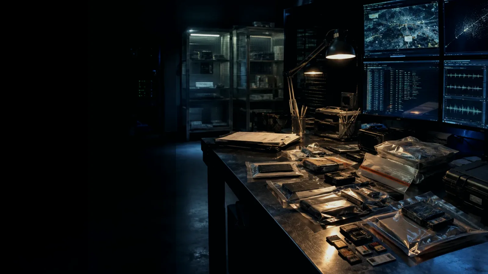 Data Recovery subtopic background showing sealed evidence locker, forensic workstation and chain-of-custody documents