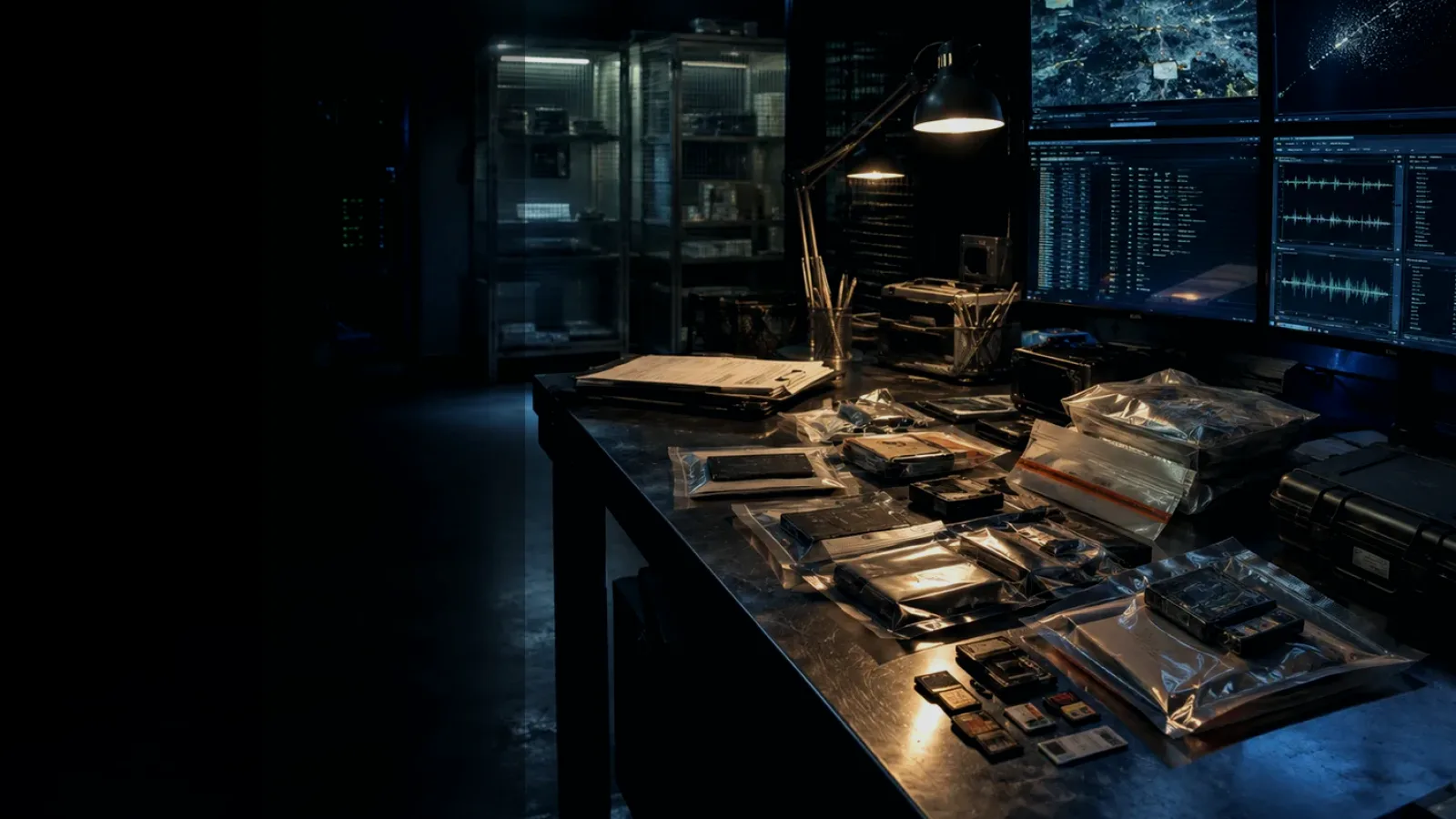 Deleted Data Recovery subtopic background showing sealed evidence locker, forensic workstation and chain-of-custody documents