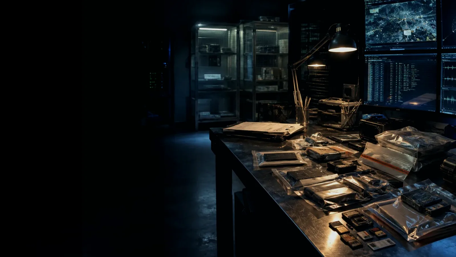 Digital Evidence Preservation subtopic background showing sealed evidence locker, forensic workstation and chain-of-custody documents