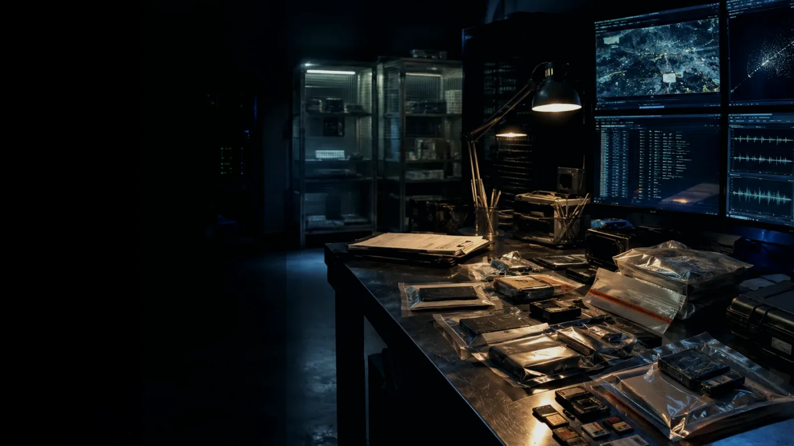 Digital Signature subtopic background showing sealed evidence locker, forensic workstation and chain-of-custody documents