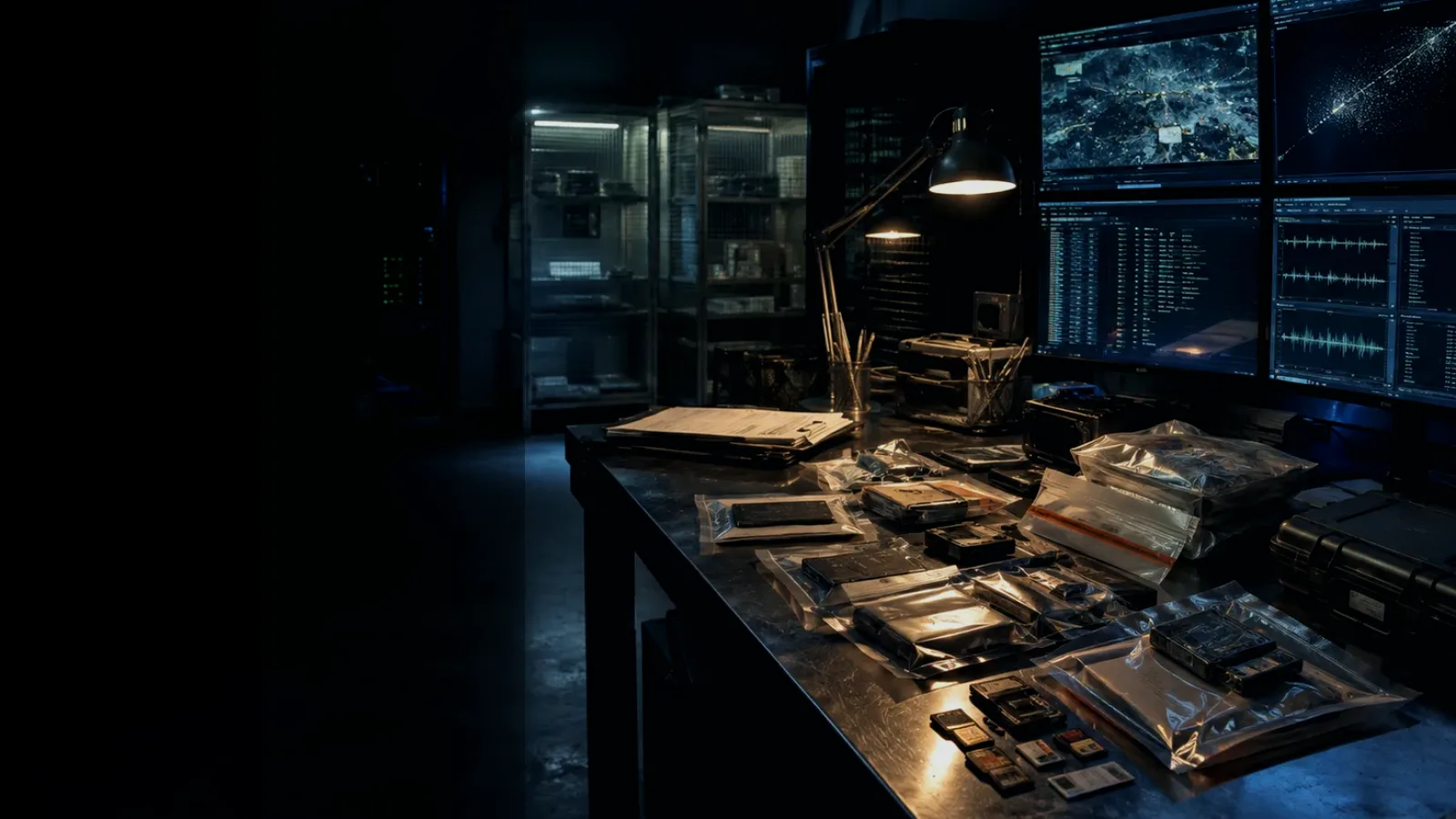Evidence Hash Verification subtopic background showing sealed evidence locker, forensic workstation and chain-of-custody documents