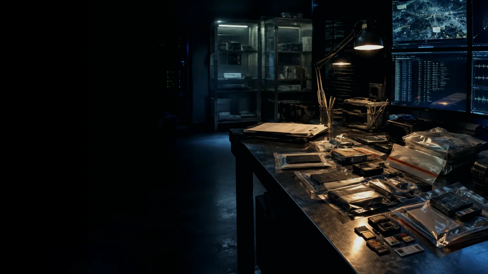 Evidence Image subtopic background showing sealed evidence locker, forensic workstation and chain-of-custody documents