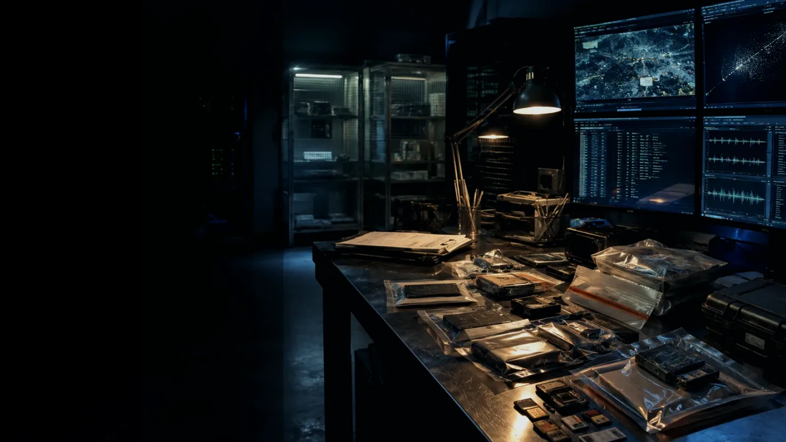 File Fragment Recovery subtopic background showing sealed evidence locker, forensic workstation and chain-of-custody documents