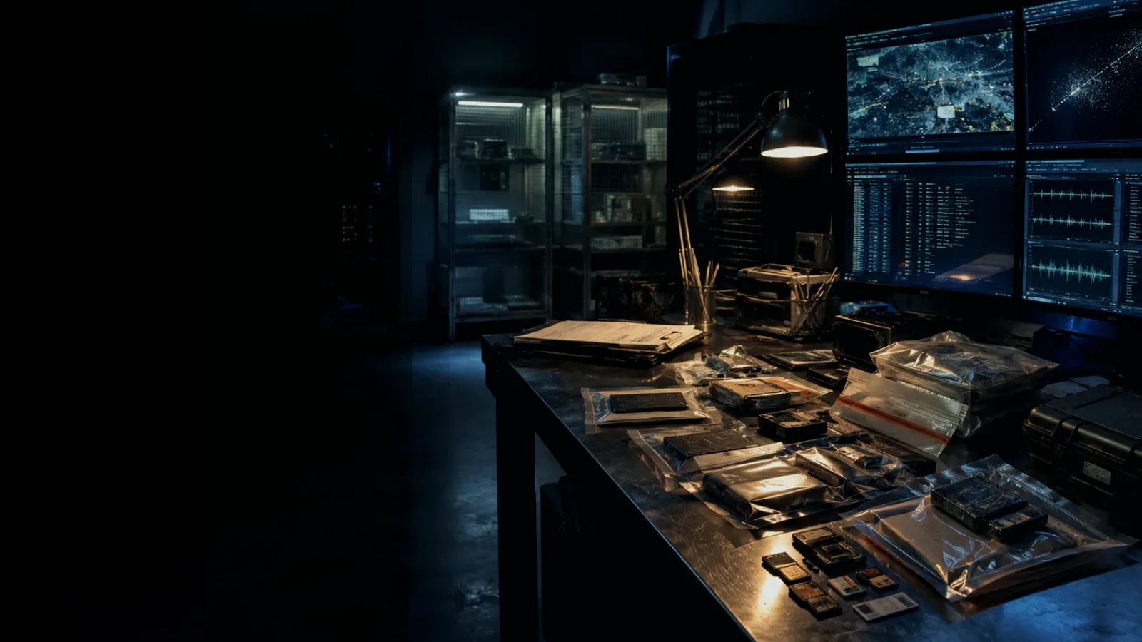 Hash vs Checksum subtopic background showing sealed evidence locker, forensic workstation and chain-of-custody documents