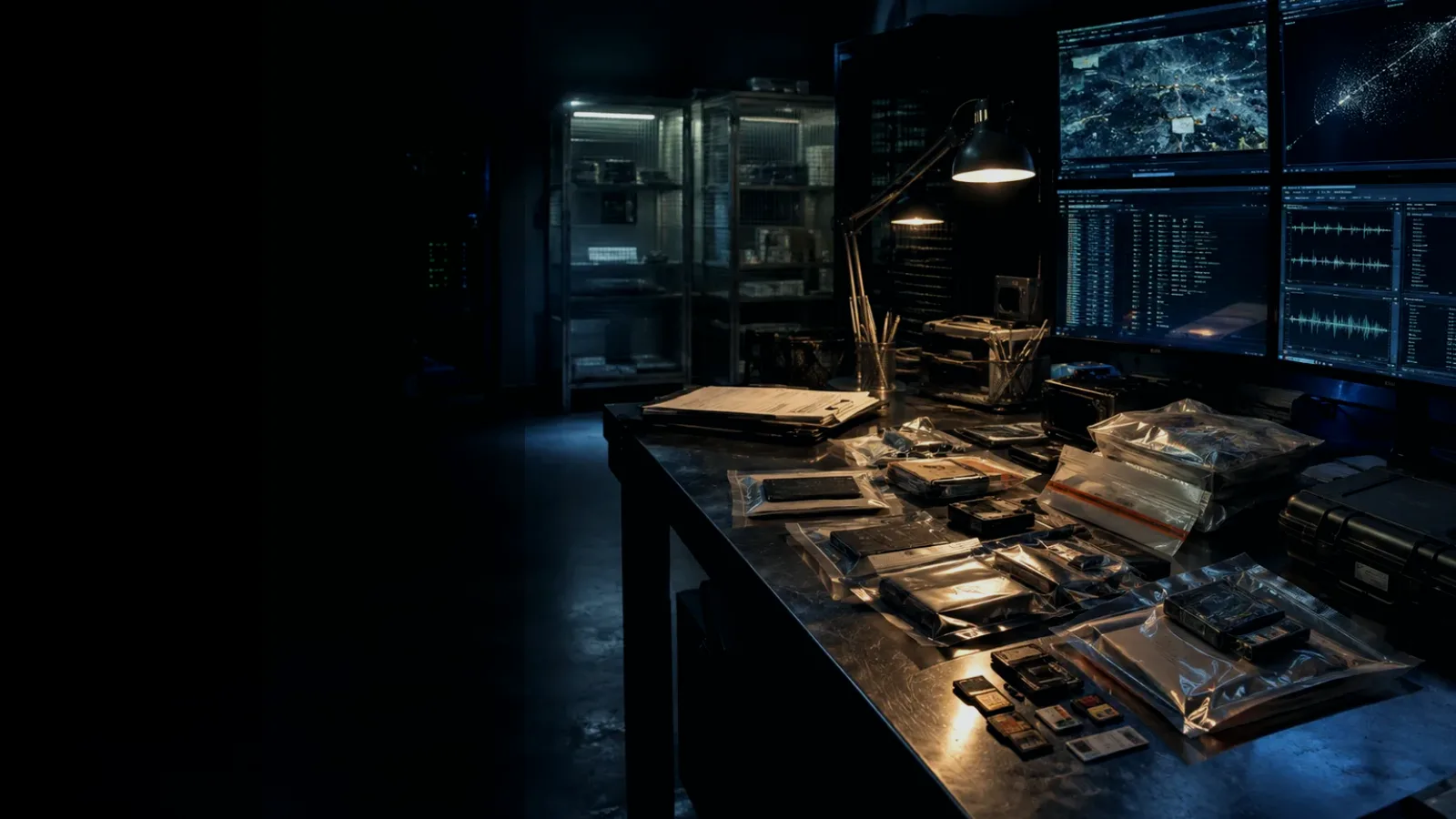 Immutable Storage subtopic background showing sealed evidence locker, forensic workstation and chain-of-custody documents