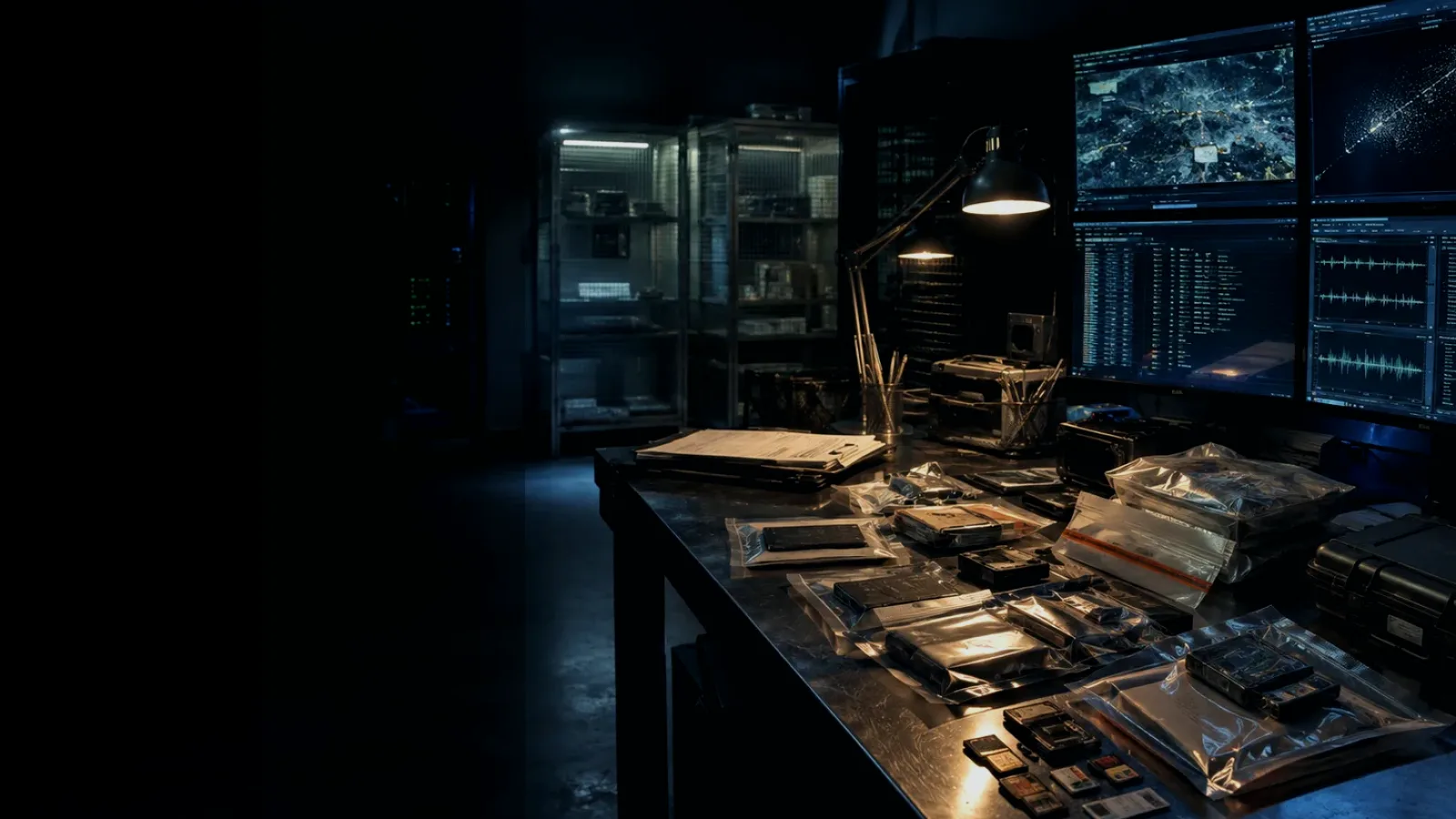 Independent Evidence Timestamping subtopic background showing sealed evidence locker, forensic workstation and chain-of-custody documents