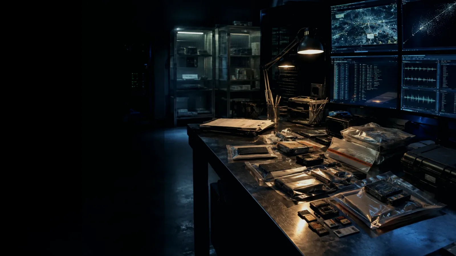 Metadata subtopic background showing sealed evidence locker, forensic workstation and chain-of-custody documents