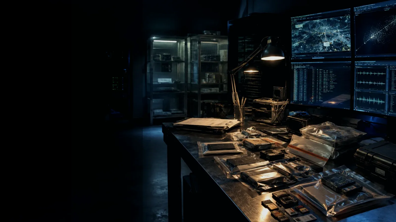 Monotonic Counter subtopic background showing sealed evidence locker, forensic workstation and chain-of-custody documents