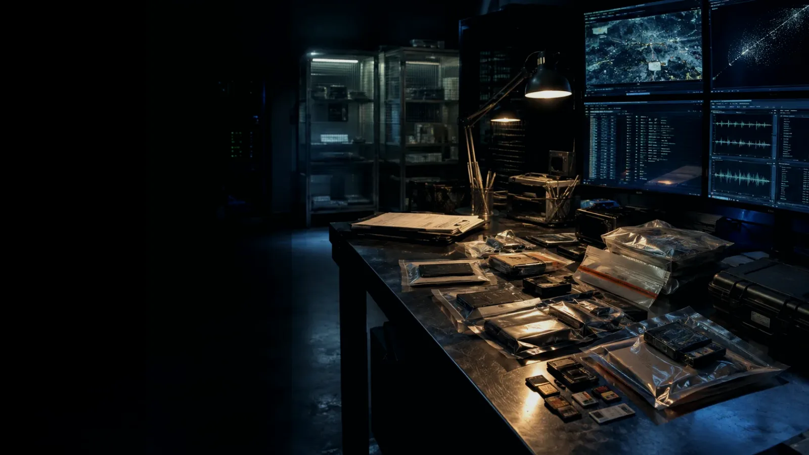 Non-Volatile Memory subtopic background showing sealed evidence locker, forensic workstation and chain-of-custody documents