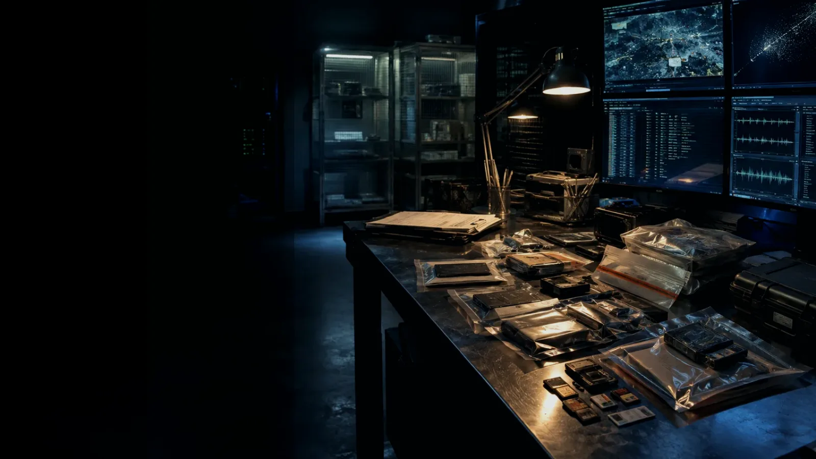 One-Way Data Path subtopic background showing sealed evidence locker, forensic workstation and chain-of-custody documents