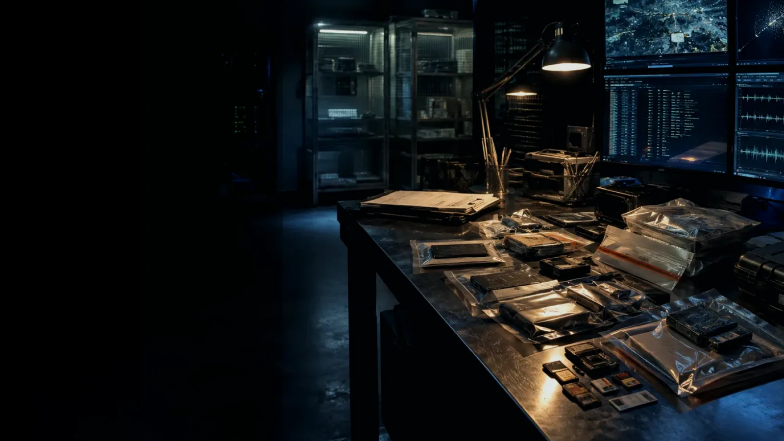 Packet Capture subtopic background showing sealed evidence locker, forensic workstation and chain-of-custody documents