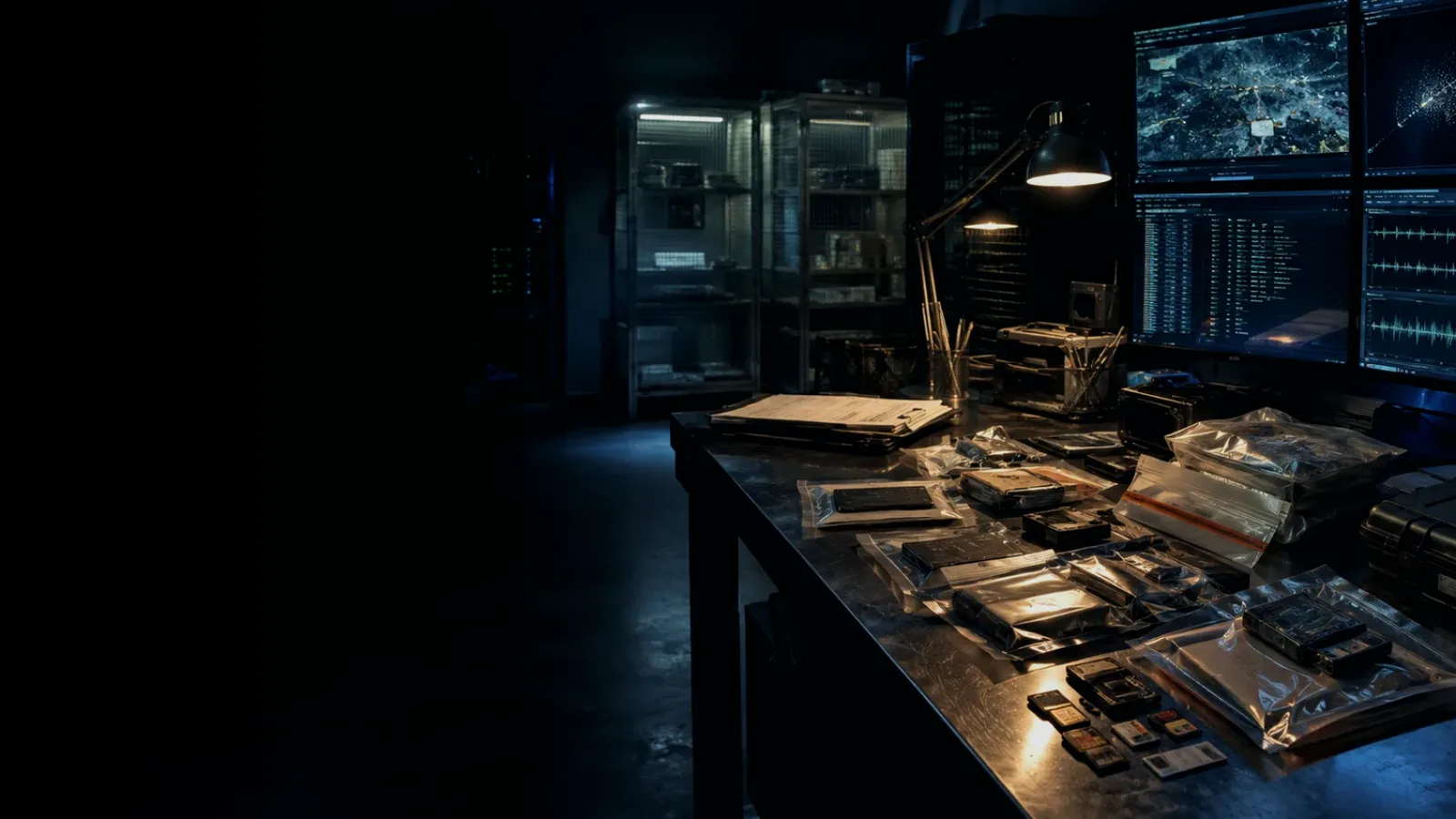 Solid-State Memory subtopic background showing sealed evidence locker, forensic workstation and chain-of-custody documents