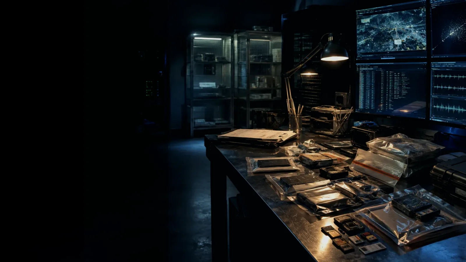 Timestamp subtopic background showing sealed evidence locker, forensic workstation and chain-of-custody documents