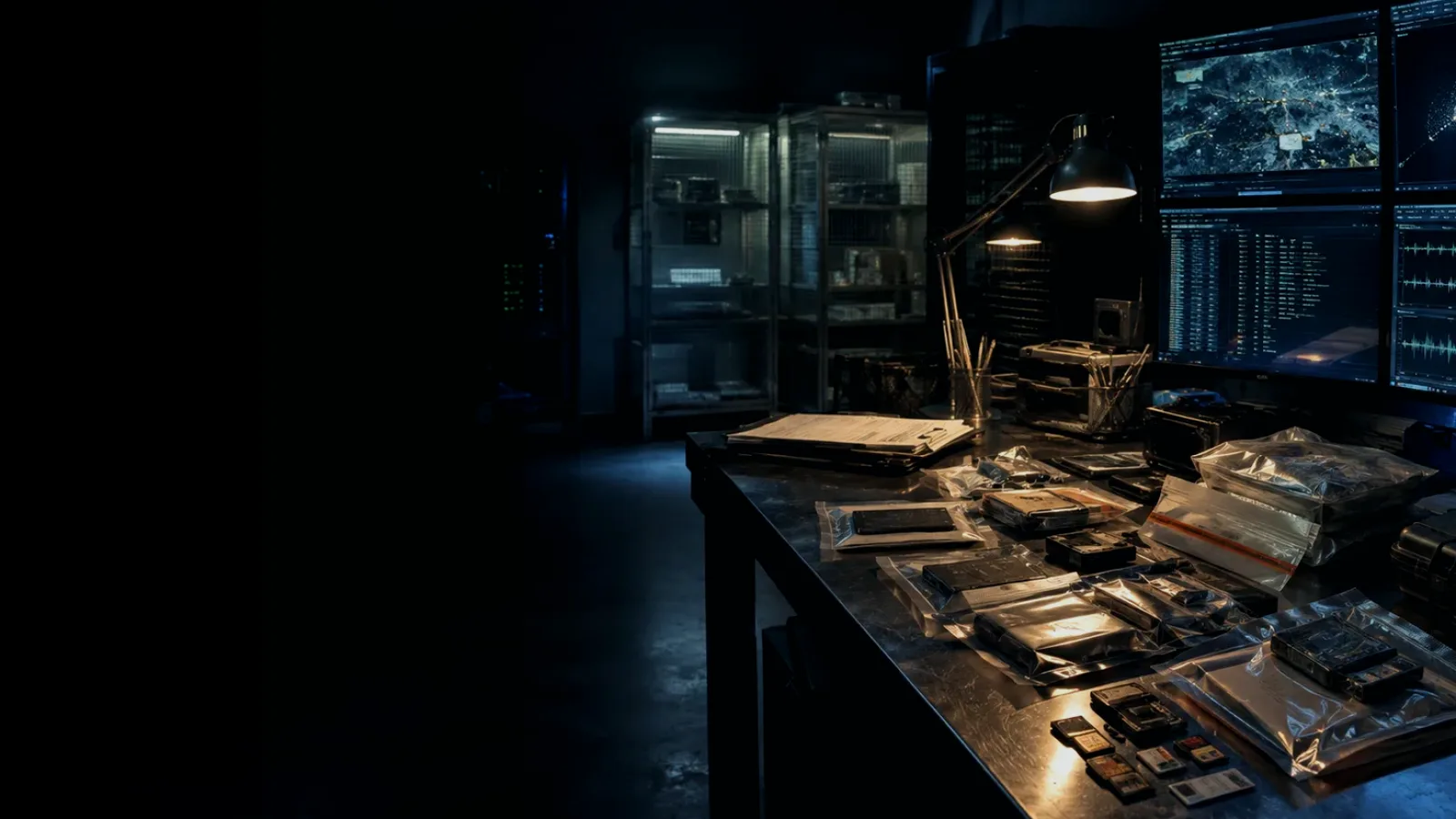 Write-Once Cartridge subtopic background showing sealed evidence locker, forensic workstation and chain-of-custody documents