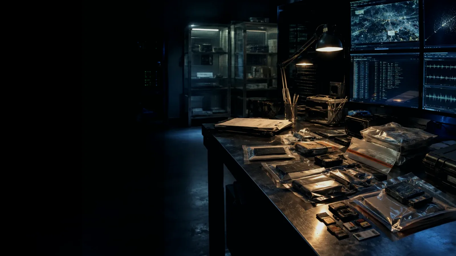 Write-Once Storage subtopic background showing sealed evidence locker, forensic workstation and chain-of-custody documents