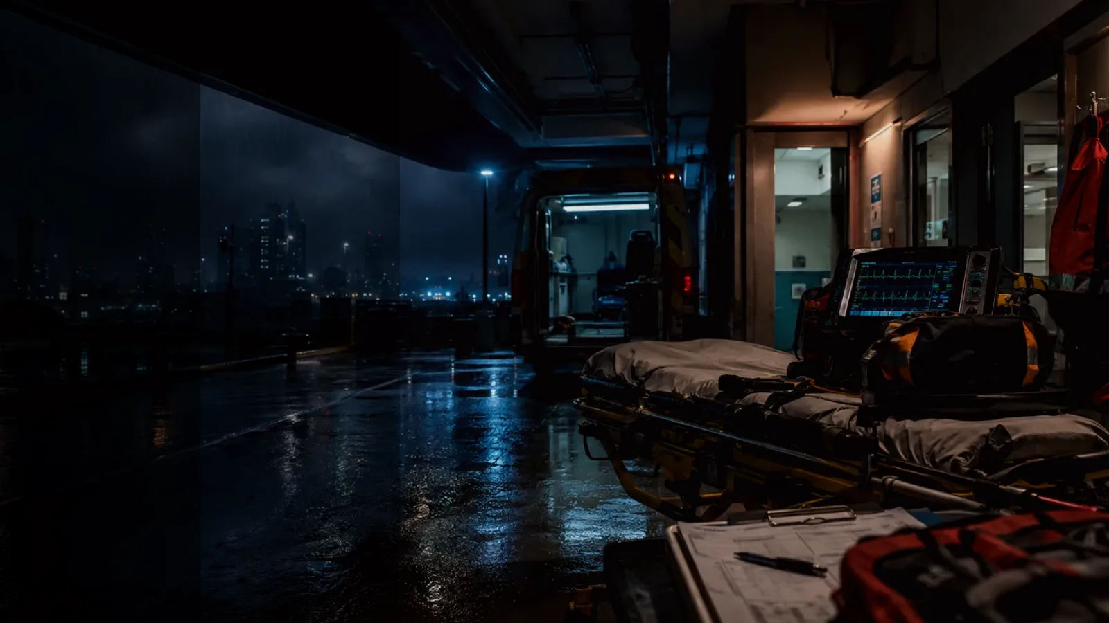 Armoured Ambulance subtopic background showing emergency medical handover, ambulance bay and trauma-unit pressure