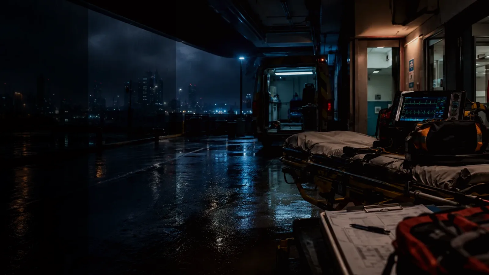 Bandage subtopic background showing emergency medical handover, ambulance bay and trauma-unit pressure