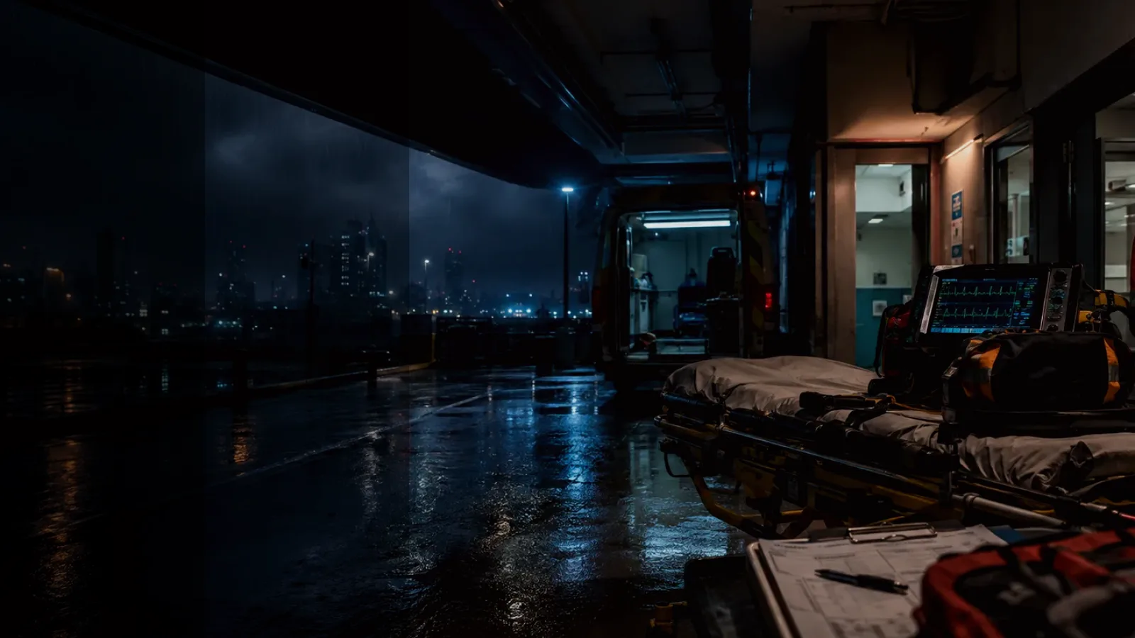 Blood Transfusion subtopic background showing emergency medical handover, ambulance bay and trauma-unit pressure