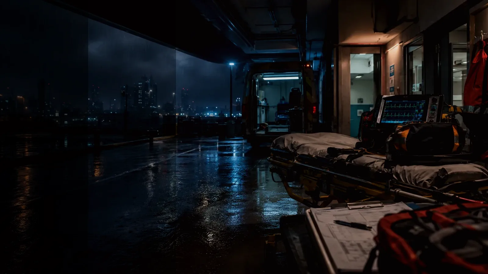 Decompression subtopic background showing emergency medical handover, ambulance bay and trauma-unit pressure