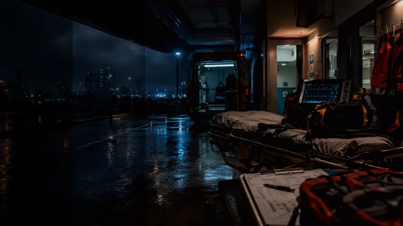 Emergency Surgery subtopic background showing emergency medical handover, ambulance bay and trauma-unit pressure