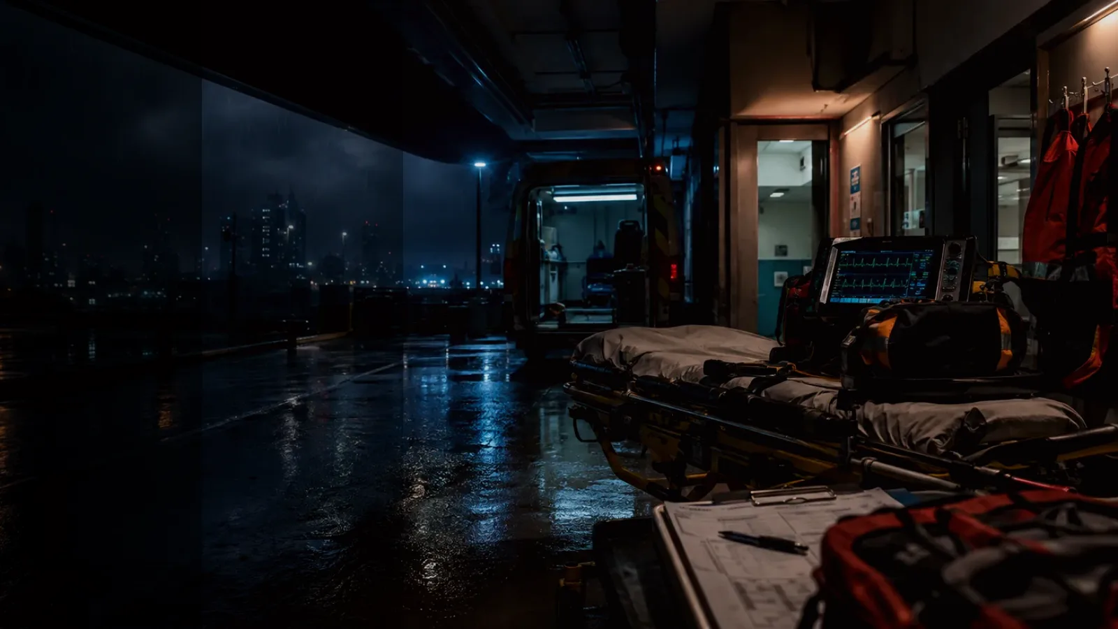 Field Medic subtopic background showing emergency medical handover, ambulance bay and trauma-unit pressure