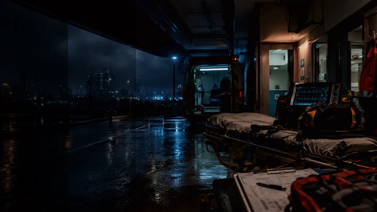 Gurney subtopic background showing emergency medical handover, ambulance bay and trauma-unit pressure