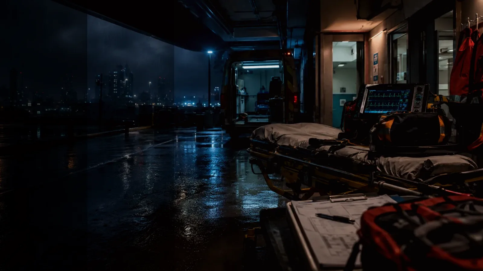 Medical Handover subtopic background showing emergency medical handover, ambulance bay and trauma-unit pressure