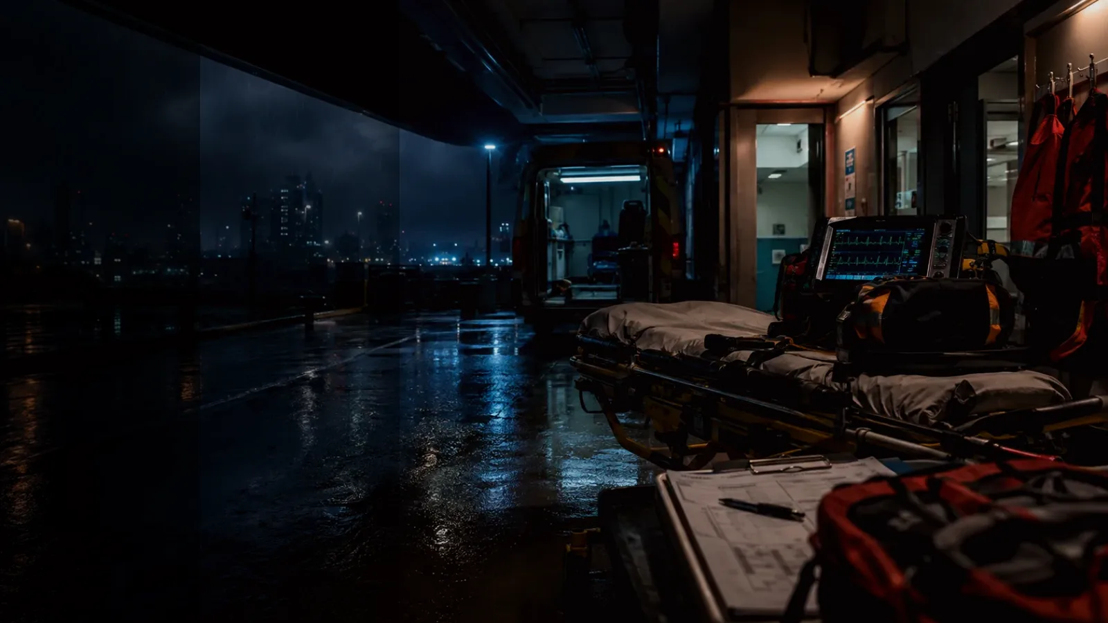 Medical Oxygen subtopic background showing emergency medical handover, ambulance bay and trauma-unit pressure