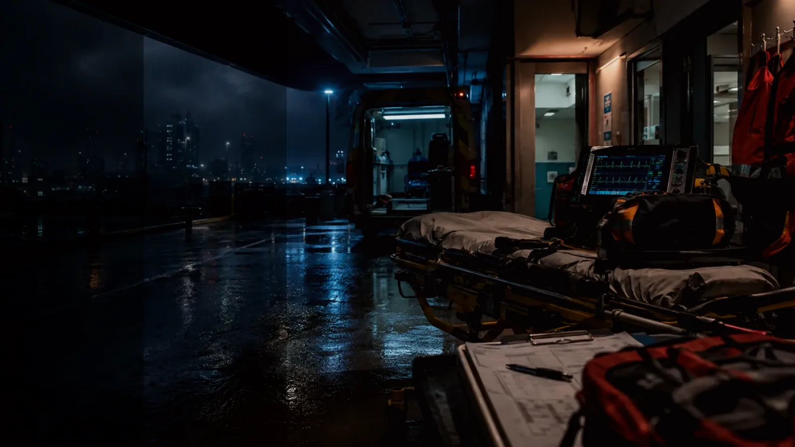 Morphine subtopic background showing emergency medical handover, ambulance bay and trauma-unit pressure