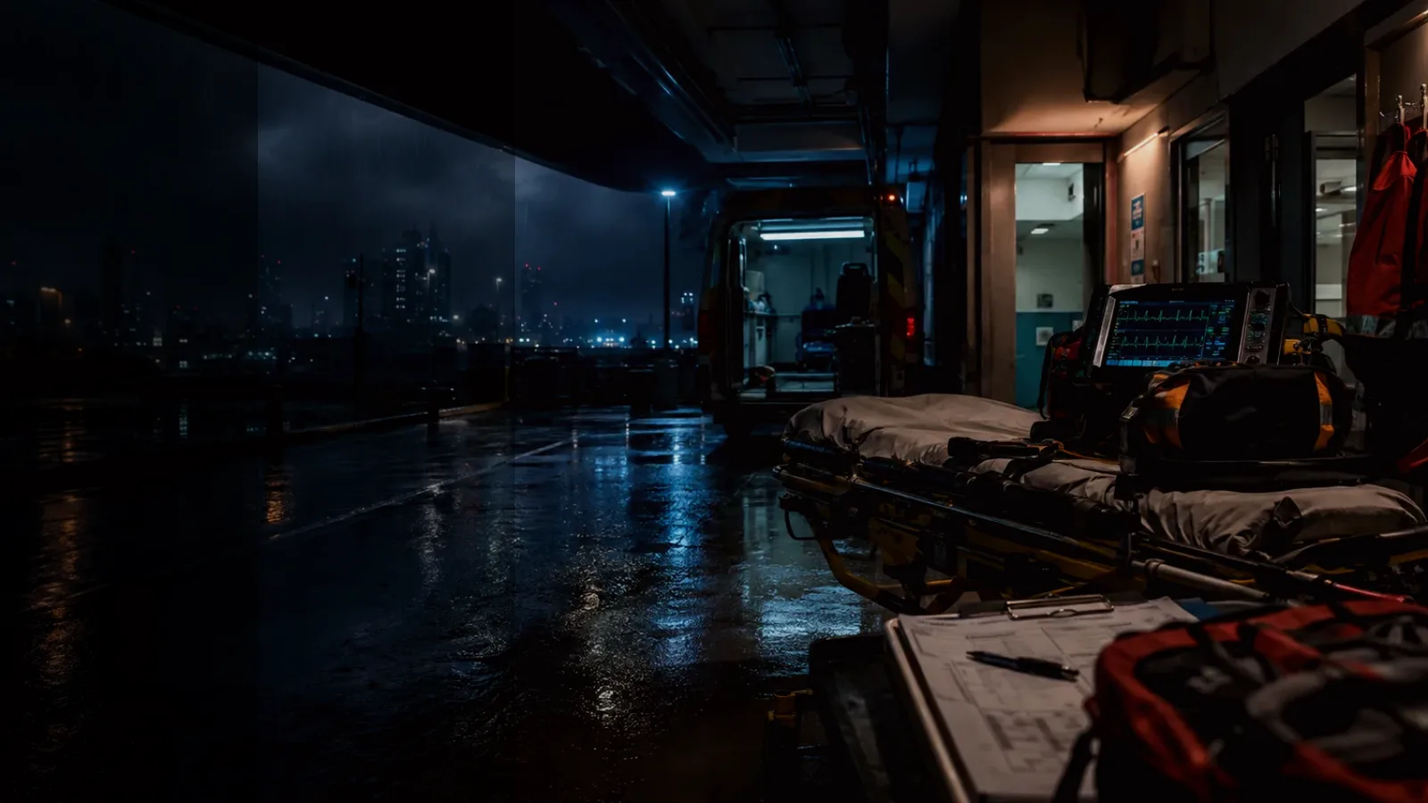 Patient Monitoring subtopic background showing emergency medical handover, ambulance bay and trauma-unit pressure