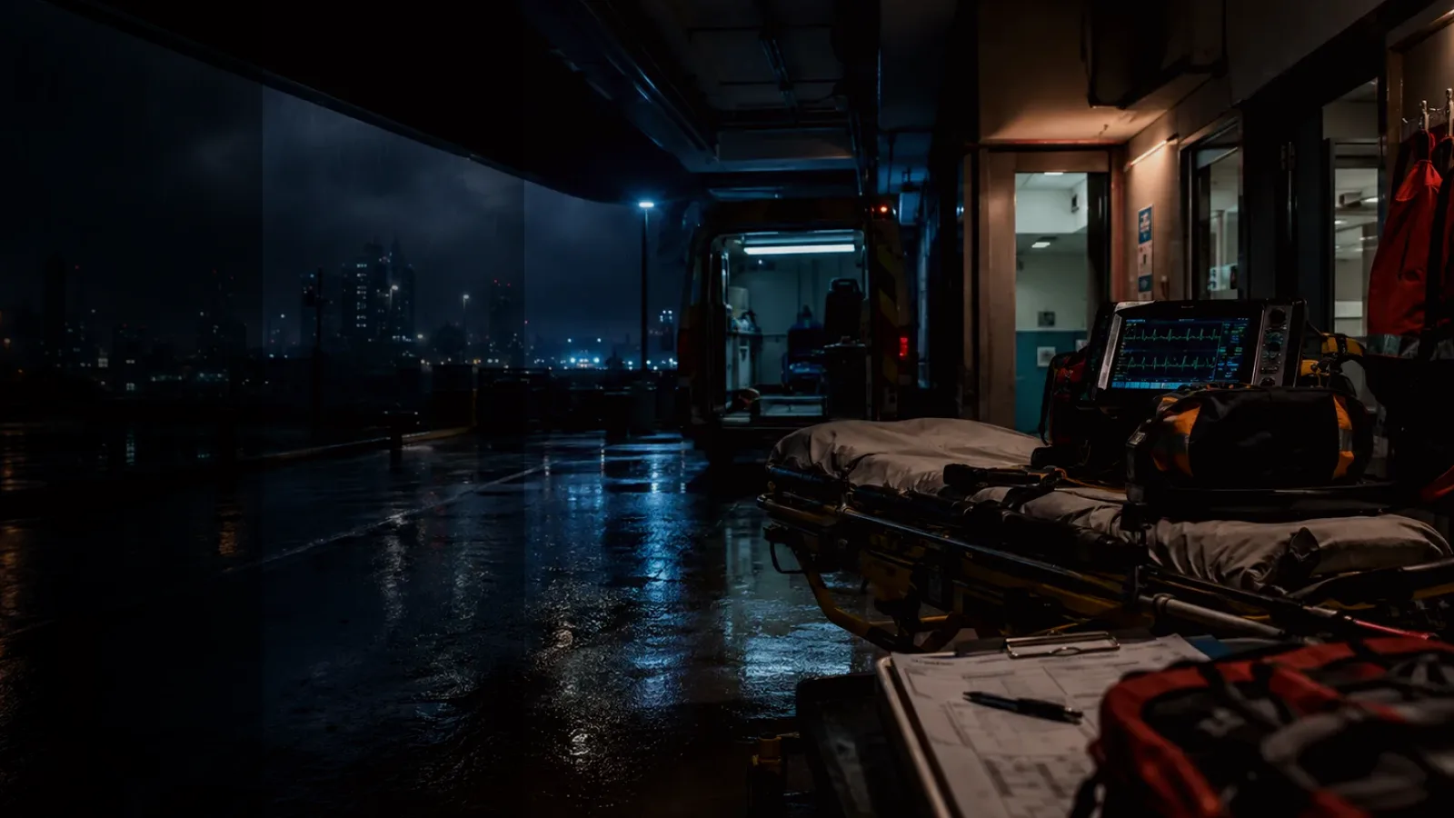 Sedation subtopic background showing emergency medical handover, ambulance bay and trauma-unit pressure