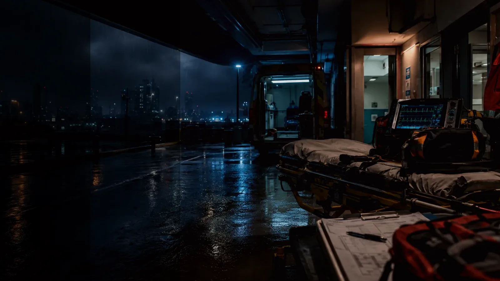Stretcher subtopic background showing emergency medical handover, ambulance bay and trauma-unit pressure