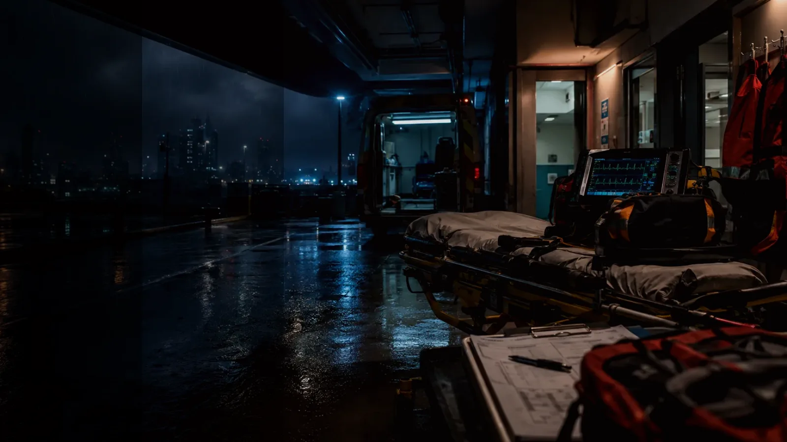 Triage subtopic background showing emergency medical handover, ambulance bay and trauma-unit pressure