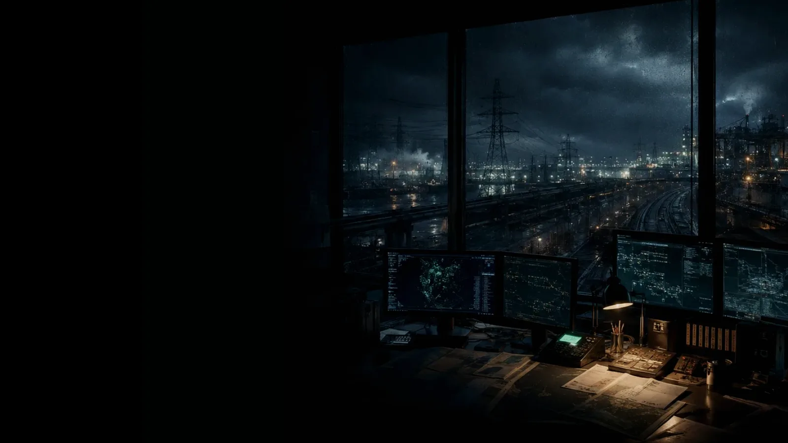Cooling System subtopic background showing critical infrastructure map, cables, terminals and pressure in a dark operations room