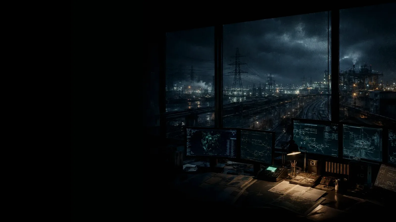Electrical Substation subtopic background showing critical infrastructure map, cables, terminals and pressure in a dark operations room