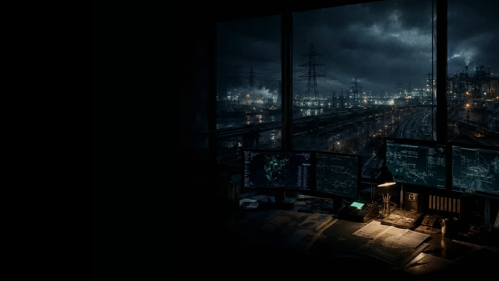 Emergency Power subtopic background showing critical infrastructure map, cables, terminals and pressure in a dark operations room