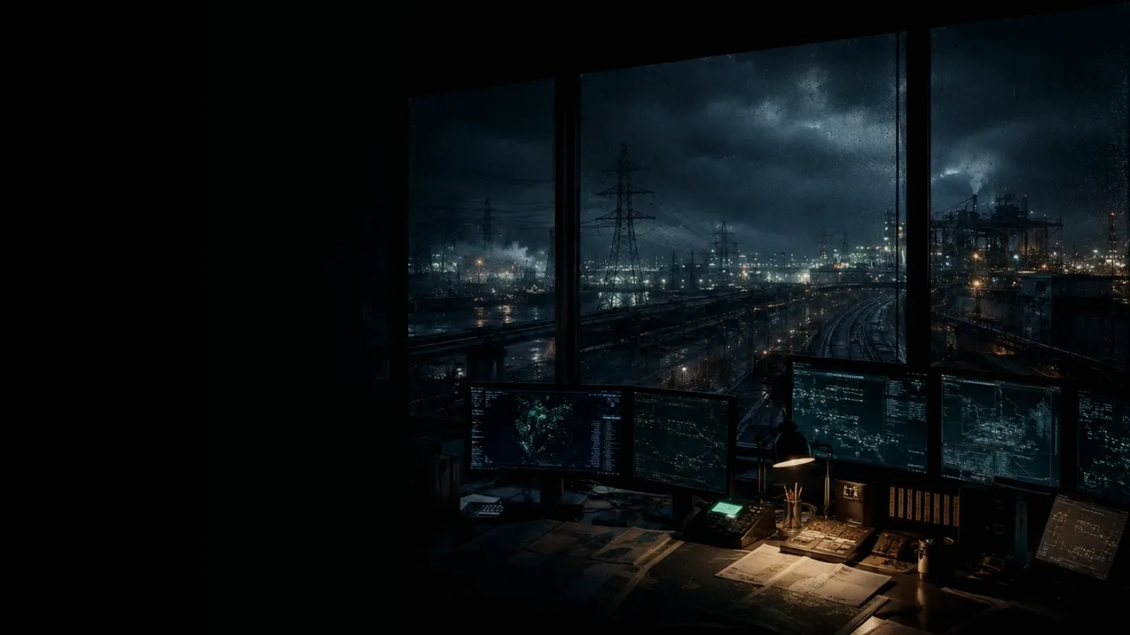 Hydraulic Pressure subtopic background showing critical infrastructure map, cables, terminals and pressure in a dark operations room
